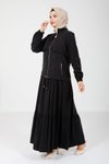 Siyah Ceket Elbise Kolu Lastikli Fermuarlı Tesettür Elbise