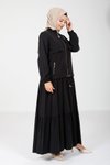 Siyah Ceket Elbise Kolu Lastikli Fermuarlı Tesettür Elbise