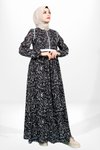 Siyah Çiçek Desenli Beli Ayarlanabilir Üstü Kapama Detaylı Tesettür Elbise