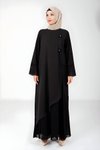Siyah Çiçek Detaylı Pliseli Tesettür Elbise