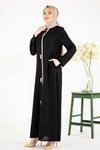 Siyah Deniz Patı Kontrastlı Boncuk Detaylı Ferace