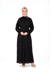 Siyah Desenli Yakası Broşlu Tesettür Abiye Elbise