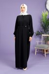 Siyah Dolunay Kloş Kesim Beli Kemerli Tesettür Elbise
