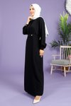 Siyah Dolunay Kloş Kesim Beli Kemerli Tesettür Elbise
