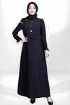 Siyah Düğme Detaylı Kolu Büzgülü Tesettür Elbise