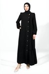 Siyah Düğmeli Fırfır Detaylı Kolu Lastikli Ferace