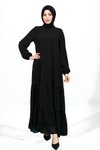 Siyah Eteği Fırfırlı Lastik Kollu Tesettür Elbise