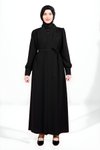 Siyah Fermuarlı Seyyar Kuşaklı Cep Detaylı Ferace