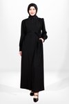 Siyah Fermuarlı Seyyar Kuşaklı Cep Detaylı Ferace