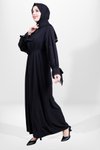 Siyah Fermuarlı Taşlı Şifon Detaylı Kemerli Ferace
