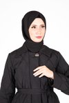 Siyah Kapitone Yakası Taş Düğmeli Tesettür Kaban