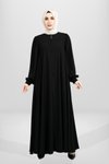 Siyah Kloş Kesim Fermuarlı Büzgülü Takma Kollu Ferace