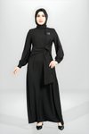 Siyah Önden Bağlama Detaylı Broşlu Tesettür Elbise