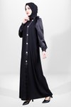 Siyah Saten Detaylı Taş Düğmeli Tesettür Abiye Elbise