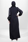 Siyah Saten Detaylı Taş Düğmeli Tesettür Abiye Elbise