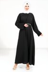Siyah Taş Kemer Detaylı Tesettür Elbise