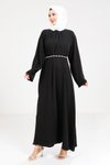Siyah Taş Kemer Detaylı Tesettür Elbise