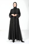 Siyah Taşlı Tül Detaylı Abaya Ferace