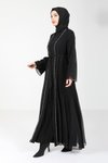 Siyah Taşlı Tül Detaylı Abaya Ferace