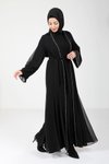 Siyah Taşlı Tül Detaylı Abaya Ferace
