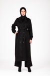 Siyah Trençkot Kuşaklı Düğme Detaylı Ferace