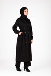 Siyah Trençkot Kuşaklı Düğme Detaylı Ferace