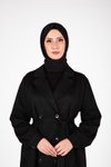 Siyah Trençkot Kuşaklı Düğme Detaylı Ferace