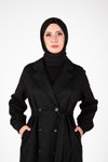 Siyah Trençkot Kuşaklı Düğme Detaylı Ferace