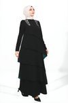 Siyah Volanlı Omzu Taş Detaylı Tesettür Abiye Elbise