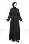 Siyah Yakası Kurdele Beli Kuşak Detaylı Tesettür Elbise