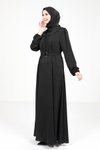 Siyah Yakası Kurdele Beli Kuşak Detaylı Tesettür Elbise