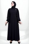 Siyah Yandan Bağlamalı Lale Broşlu Tesettür Elbise