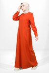 Turuncu Keten Bisiklet Yaka Boncuk Detaylı Tesettür Elbise