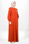 Turuncu Keten Bisiklet Yaka Boncuk Detaylı Tesettür Elbise