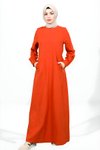 Turuncu Keten Bisiklet Yaka Boncuk Detaylı Tesettür Elbise