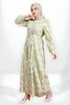 Yeşil Desenli Kuşaklı Gömlek Tesettür Elbise