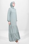 Yeşil Eteği Fırfırlı Kolu Lastikli Tesettür Elbise