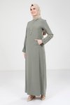Yeşil Kolu Fermuar Detaylı Tesettür Elbise