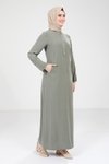 Yeşil Kolu Fermuar Detaylı Tesettür Elbise