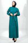 Yeşil Kuşaklı Pilikaşe Kol Detaylı Tesettür Elbise