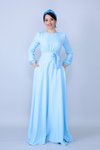Bebe Mavi Uzun Kol Yuvarlak Yaka Büzgülü Kuşaklı Cepli Tesettür Abiye Elbise