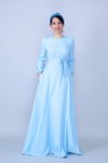 Bebe Mavi Uzun Kol Yuvarlak Yaka Büzgülü Kuşaklı Cepli Tesettür Abiye Elbise