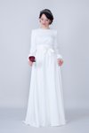Beyaz Uzun Kol Beli Büzgülü Kuşaklı Tesettür Abiye Elbise