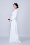 Beyaz Uzun Kol Beli Büzgülü Kuşaklı Tesettür Abiye Elbise
