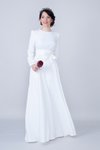 Beyaz Uzun Kol Beli Büzgülü Kuşaklı Tesettür Abiye Elbise