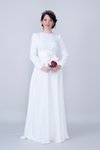 Beyaz Uzun Kol Beli Büzgülü Kuşaklı Tesettür Abiye Elbise