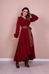 Bordo Asimetrik Kesim Deri Kemerli Tesettür Elbise