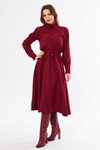 Bordo Uzun Kol Gömlek Kuşaklı Beli Lastikli Cepli Tesettür Elbise