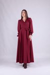 Bordo Uzun Kol Kruvaze Yaka Tesettür Abiye Elbise