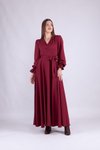 Bordo Uzun Kol Kruvaze Yaka Tesettür Abiye Elbise